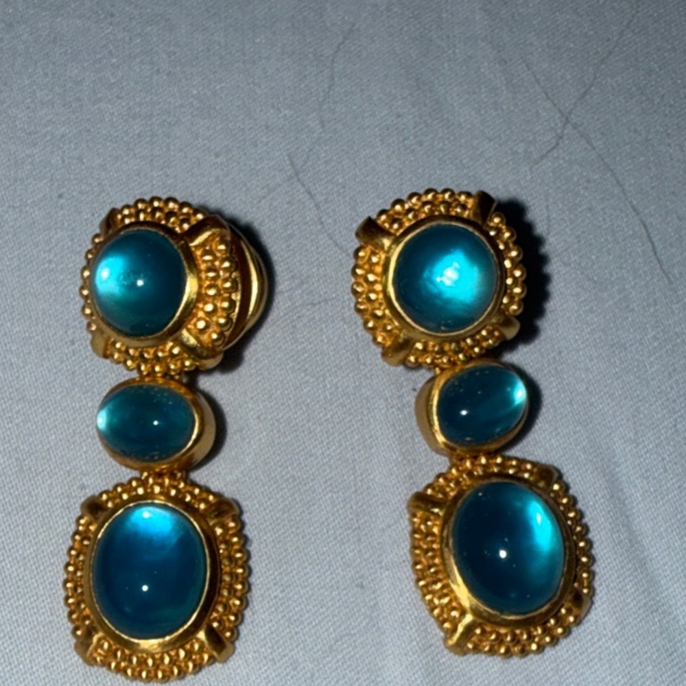 NWT Julie Vos Gold and Teal Earrings - Cabochon statement earrings